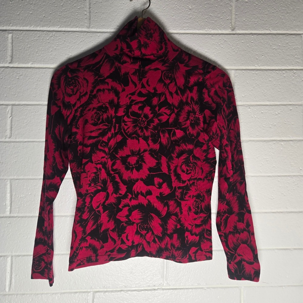 Talbots Women Turtleneck Top Floral Silk Blend Red Black Long Sleeve Goth Punk S